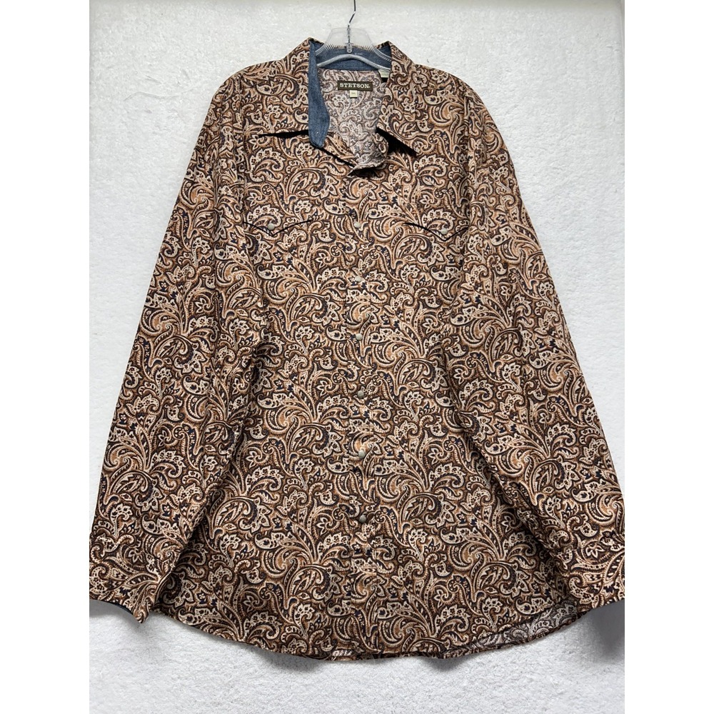 Stetson Mens Size 3XL Brown Paisley Long Sleeve Pearl Snap Shirt